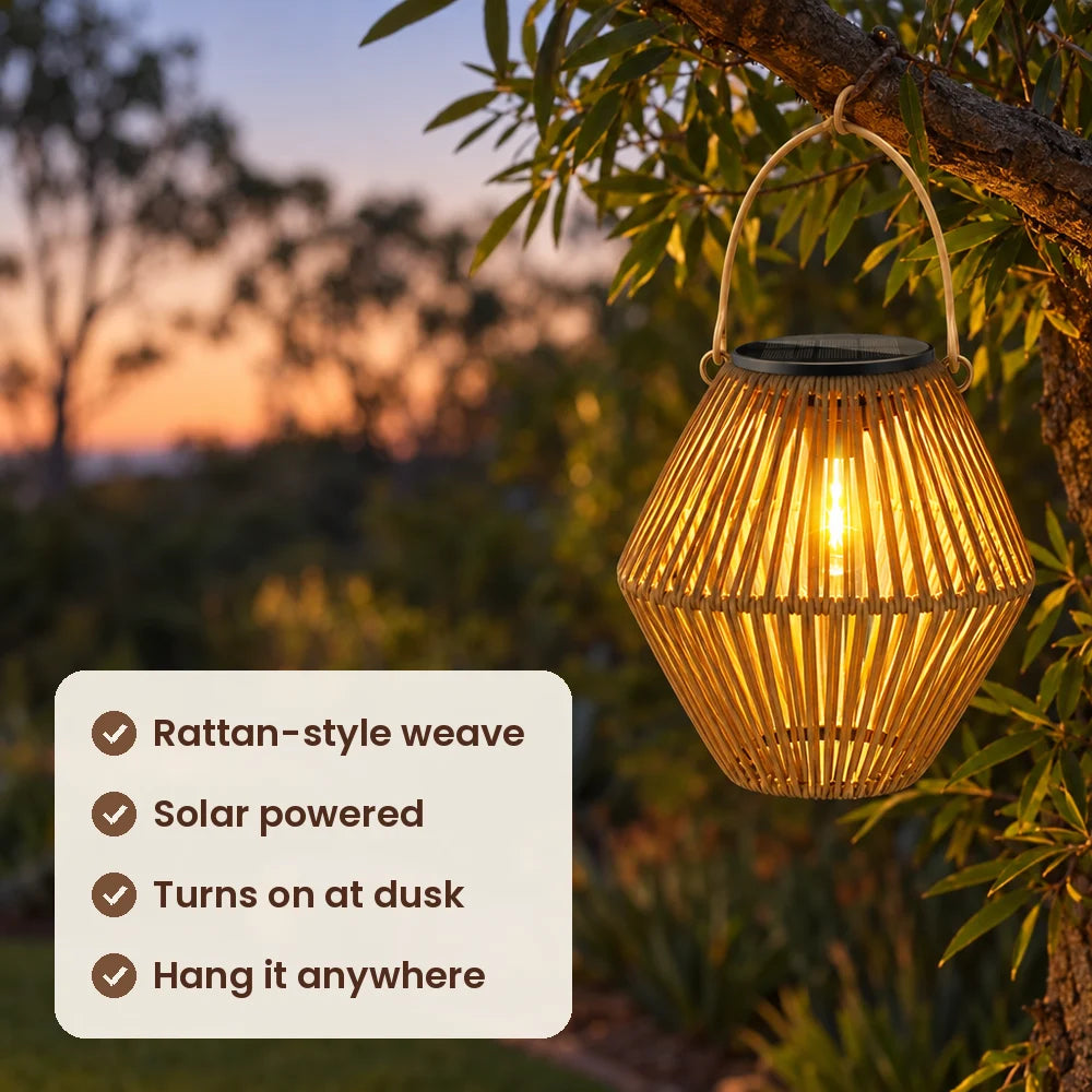 HiLuci Rattan Lantern features: rattan-style weave, solar powered, turns on at dusk, hang it anywhere