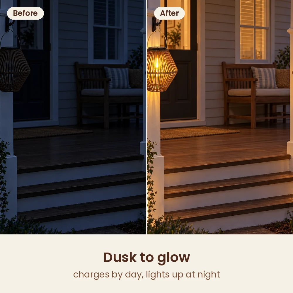 Front porch before and after HiLuci Rattan Lanterns