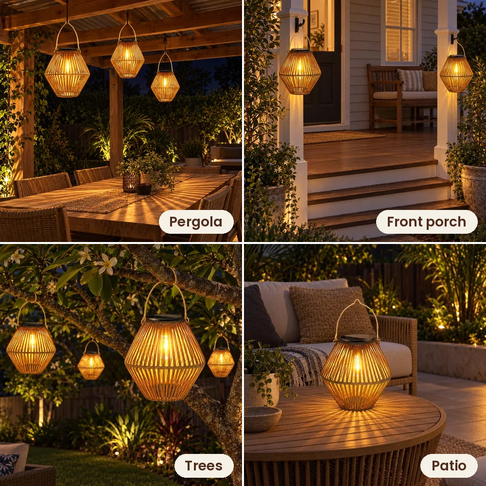 Rattan lanterns on a pergola, front porch, trees and patio
