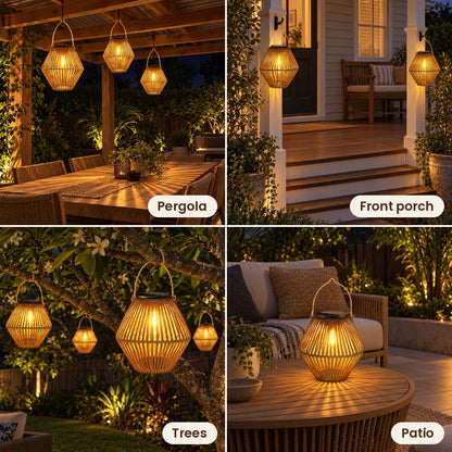 Rattan lanterns on a pergola, front porch, trees and patio
