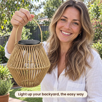 Woman holding a HiLuci Rattan Lantern in her backyard