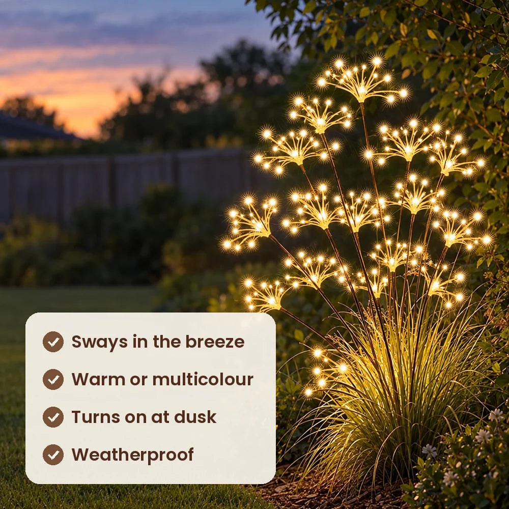 HiLuci Starburst Lights features: sways in the breeze, warm or multicolour, turns on at dusk, weatherproof