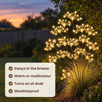 HiLuci Starburst Lights features: sways in the breeze, warm or multicolour, turns on at dusk, weatherproof