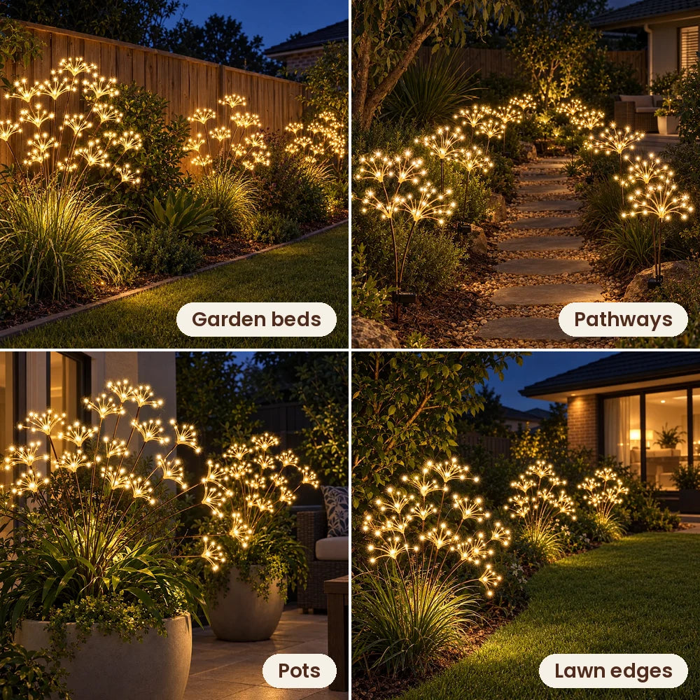 Starburst lights in garden beds, pathways, pots and lawn edges