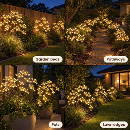 Starburst lights in garden beds, pathways, pots and lawn edges