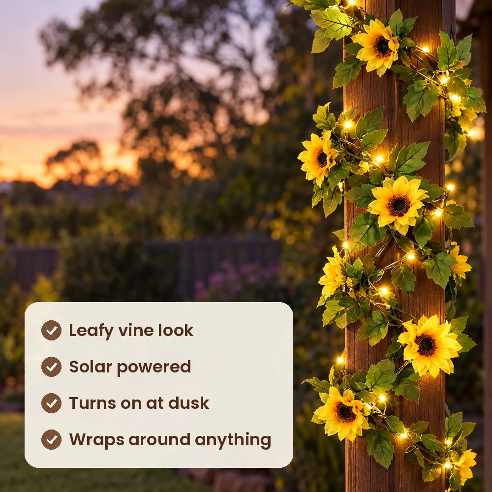 HiLuci Vine String Lights features: leafy vine look, solar powered, turns on at dusk, wraps around anything