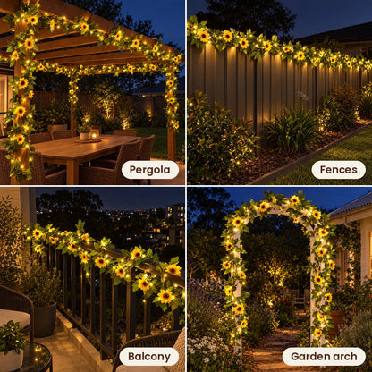 Vine string lights on a pergola, fence, balcony and garden arch